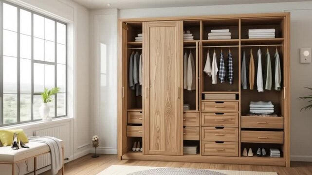 Wooden wardrobe with tiered design, compact home interior storage. Wardrobe with clothes, drawers, shoes, shelves. 4k video