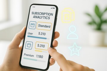 Smartphone Display Showing Subscription Analytics with Standard and Premium Plans, User Count and Ratings