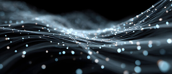 The image showcases an abstract background featuring glowing blue lines and a network of interconnected nodes. The composition highlights a dynamic and futuristic theme