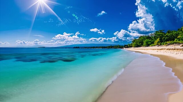 Tropical beach with palm trees and turquoise water in ocean. Paradise island on sunny day. Trip, travel and vacation