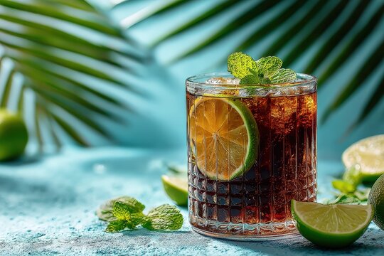 Glass of cuba libre cocktail with lime, mint and ice cubes on light blue background with palm leaves, perfect for summer vibes