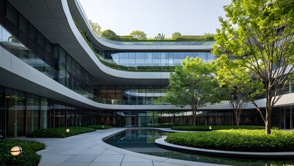 Modern curved building with reflecting pool and lush green landscaping