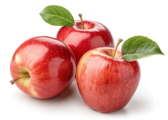 Red Apple Trio: A vibrant arrangement showcases three perfectly ripe red apples, each adorned with a fresh green leaf, embodying the essence of natural.