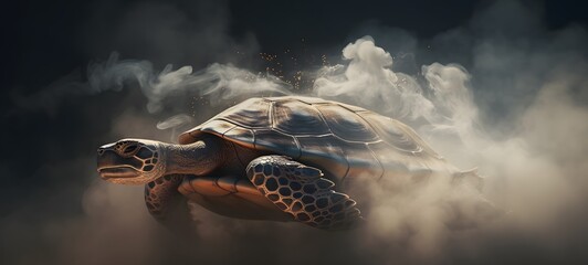 a light turtle , coming out of the smoke,ai generative