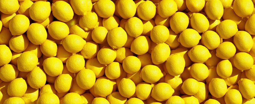 Many ripe lemons forming an orderly pattern, creating a visually appealing and refreshing image with a vibrant yellow background