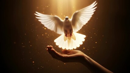 White dove ascending in golden light released from a hand spiritual symbol beautiful religious image hope and faith