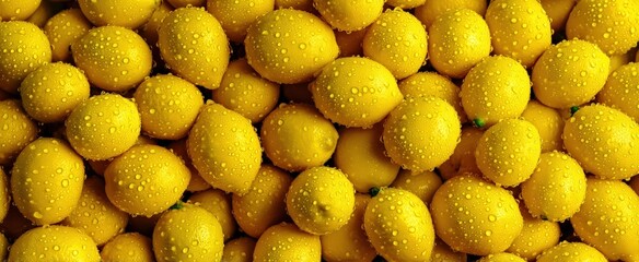 Fresh, ripe lemons with water droplets form a textured yellow background, perfect for food and beverage projects