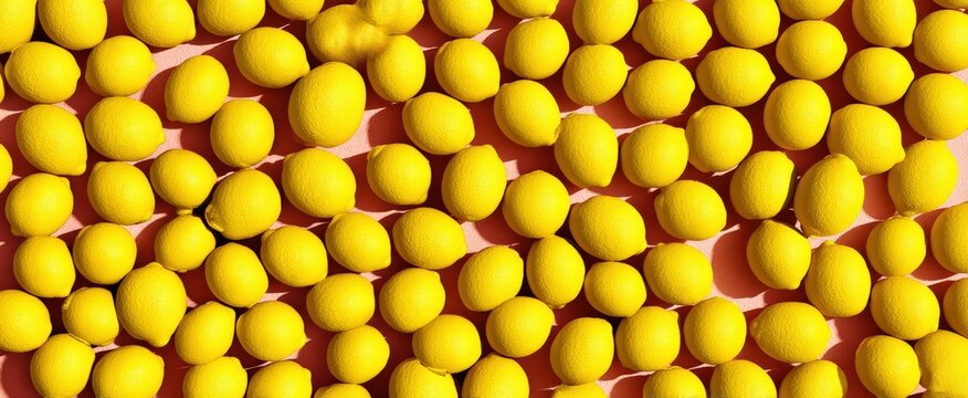 Vibrant yellow lemons arranged neatly on a pink backdrop, creating a visually appealing pattern, ideal for food related designs