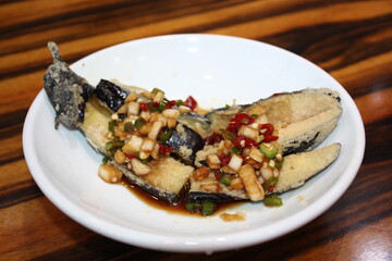 Korean Crispy Fried Eggplant with Seasoned Sauce