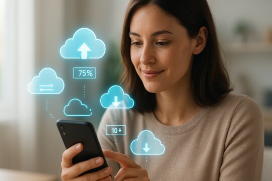 Smiling Woman Using Smartphone to Sync and Transfer Files via Cloud System with Progress Icons
