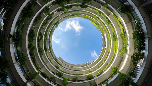 Looking up through a circular building with lush green plants on balconies and a blue sky with clouds
