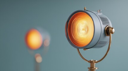 A vintage-style spotlight with concentric lenses glows warmly against a muted background, with a softly blurred second light reflected behind it.
