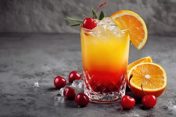 Tequila sunrise cocktail is garnished with orange slice, cherries and rosemary sprig on grey background