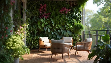 Fototapeta premium Modern balcony with comfortable chairs and a lush green living wall with pink flowers
