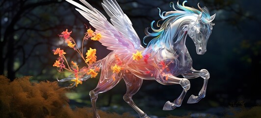 A Pegasus dryad , a small creature made of glass that is sitting in the palm of your hand,ai generative