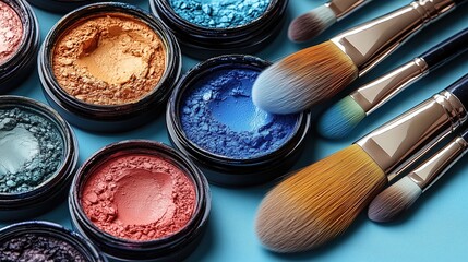 Naklejka premium Colorful Makeup Powder Cases and Brushes Set, for Beauty Tutorials, Product Display, Fashion Beauty Blogs