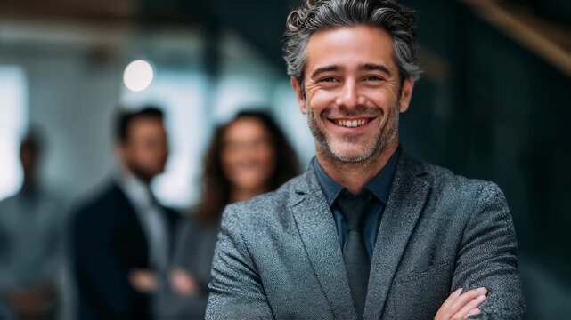 In a contemporary corporate environment a selfassured man in a tailored suit confidently poses with crossed arms exuding professionalism. His cheerful expression captivates the viewer