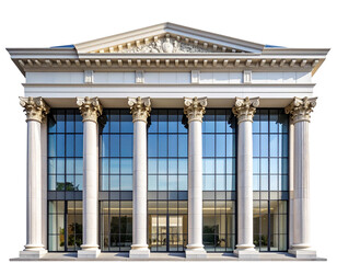Obraz premium Front-Facing View of Modern Office Building with Large Glass Windows and Classical Columns, Isolated PNG