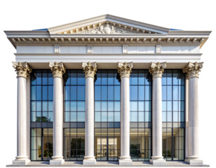  Front-Facing View of Modern Office Building with Large Glass Windows and Classical Columns, Isolated PNG
