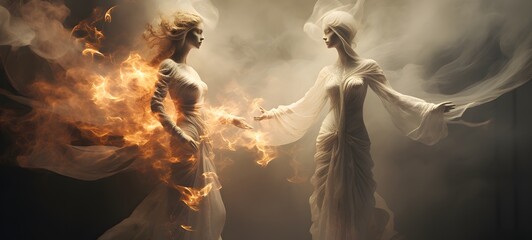 a light lady devil vs angel , coming out of the smoke,ai generative