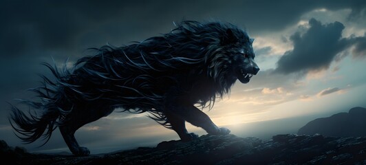 A haunted gothic fenrir perched on a wind-swept hill,ai generative