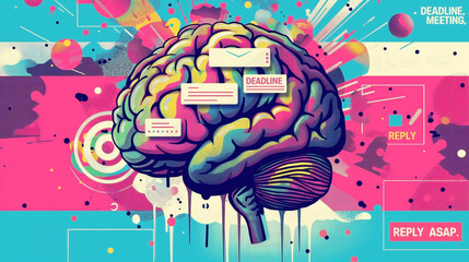 A stylized, multi-colored human brain rendered in a bold, graphic pop-art style with text snippets reading “DEADLINE,” “MEETING,” “REPLY,” and “REPLY ASAP,” - Generative AI