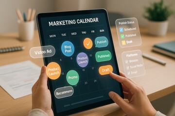 Hands Holding Tablet Displaying Marketing Calendar with Content Schedule, Publish Status and Platform Selection
