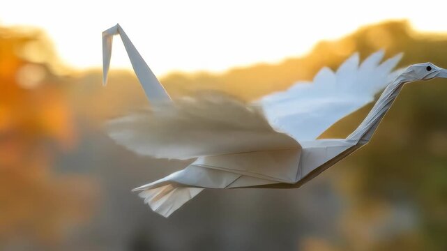 Paper crane flies with a blurry orange backdrop