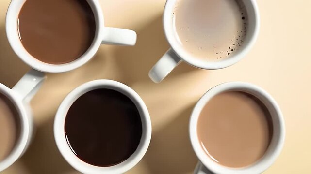 Assorted Coffee Mugs on Beige Backdrop with White Ceramic Cups Filled of Varying Shades of Coffee in a Flat Lay
