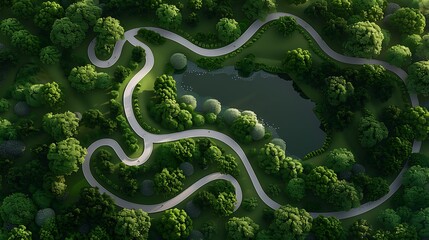 Colorful spring park with birds-eye view of tree-covered lake, dappled light on the stone path weaving through the greenery. 
