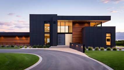 Obraz premium Modern dark facade luxury home with wood accents and panoramic mountain views at dusk