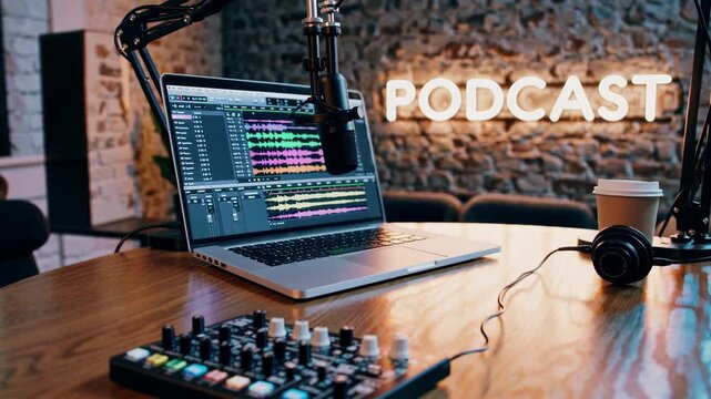 Modern podcast setup with vibrant audio waveforms and relaxed studio atmosphere