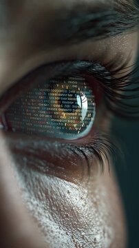 Human eye close up with digital code reflection showing technology and data on zero day cyber threat and attack concept