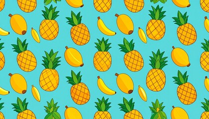 Cheerful Background with Pineapples and Bananas Cartoon Pattern, Pineapple and Banana Summer Vibes in Seamless Cartoon Pattern Design