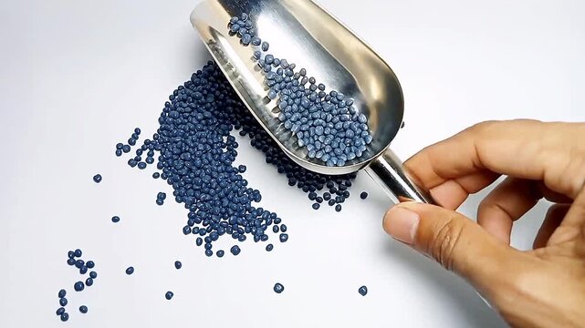 Pouring dark blue masterbatch granules into a white background medium with a stainless scoop, suitable for videography design of plastic industry company profiles	