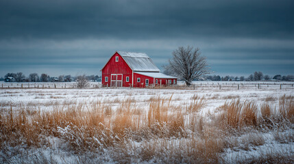 Red Barn in Snowy Farmland