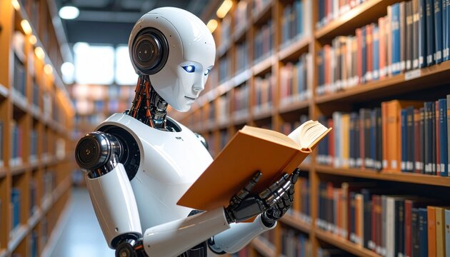 Futuristic robot reading book in library with warm ambient lighting