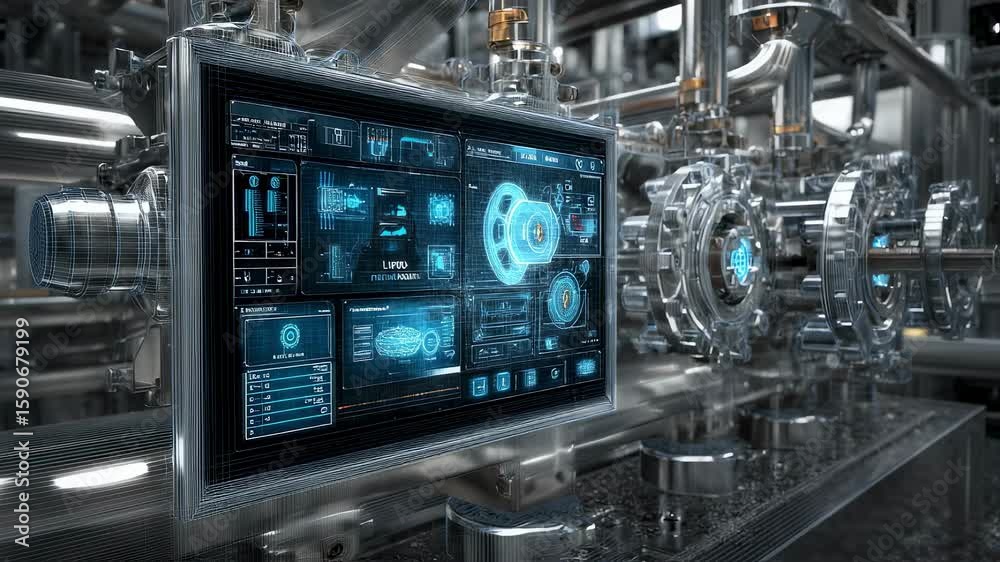 Poster futuristic digital display monitoring and controlling complex industrial processes in a high tech fa