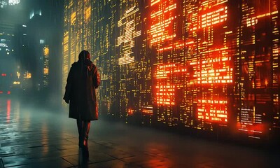 Futuristic Urban Solitude: A Woman Walks Amidst the Neon Glow of the Metropolis - Powered by Adobe