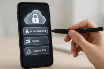 User Using Stylus on Smartphone with Cloud Access Control Interface Showing Access Granted, Shared and Sync Conflict
