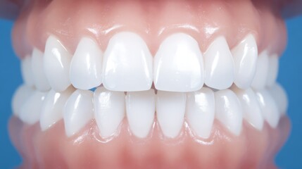 A close-up of bright white teeth with a natural smile, highlighting dental hygiene.