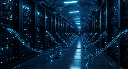 Data center illuminated with blue light and cables connecting server racks