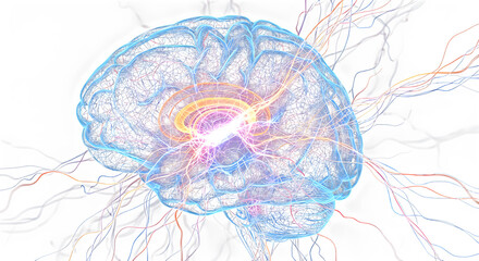 Illuminated brain with neural connections and electric impulses against a dark background design concept