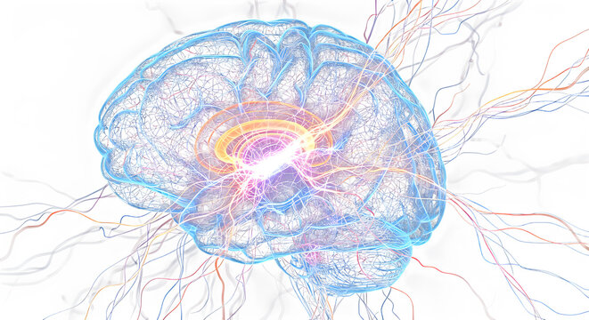 Illuminated brain with neural connections and electric impulses against a dark background design concept