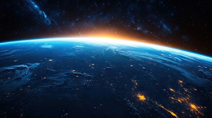 Obraz premium Earth rising, city lights, sunrise, space