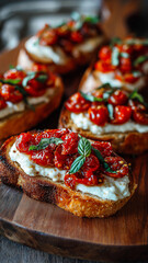 Crispy toasted bread topped with creamy cheese, juicy cherry tomatoes, and fresh basil creates delightful appetizer. vibrant colors and textures make it visually appealing and delicious