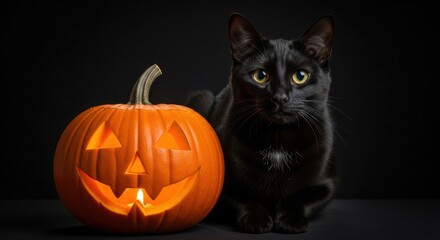 Elegant Black Cat Posing Beside Glowing Halloween Pumpkin on Dark Background