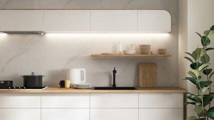 Brown wooden kitchen countertop, white cabinet with induction stove, black sink and cupboard in sunlight on marble wall for interior design decoration, cooking, food, kitchenware product background 3D