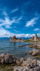 The surreal tufa tower formations of Mono Lake, California, under a dramatic blue sky