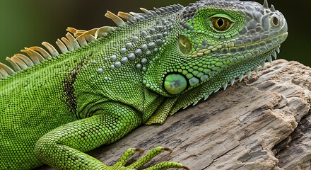 Naklejka premium Detailed CloseUp of a Vibrant Green Iguana Resting on Wood Surface